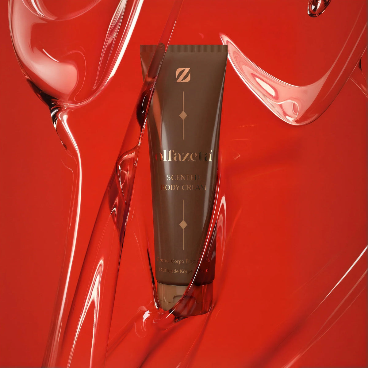 Tube de crème parfumée pour le corps Olfazeta by Chogan N°23 sur fond de gel rouge brillant aux volutes