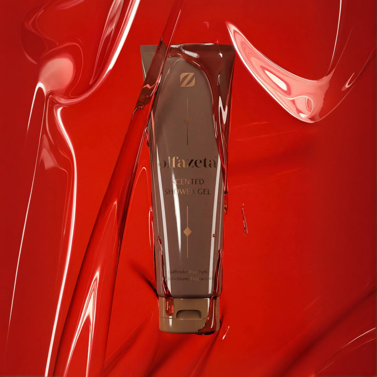Tube de gel douche parfumé Olfazeta by Chogan N°23 sur fond de gel rouge brillant aux volutes fluides