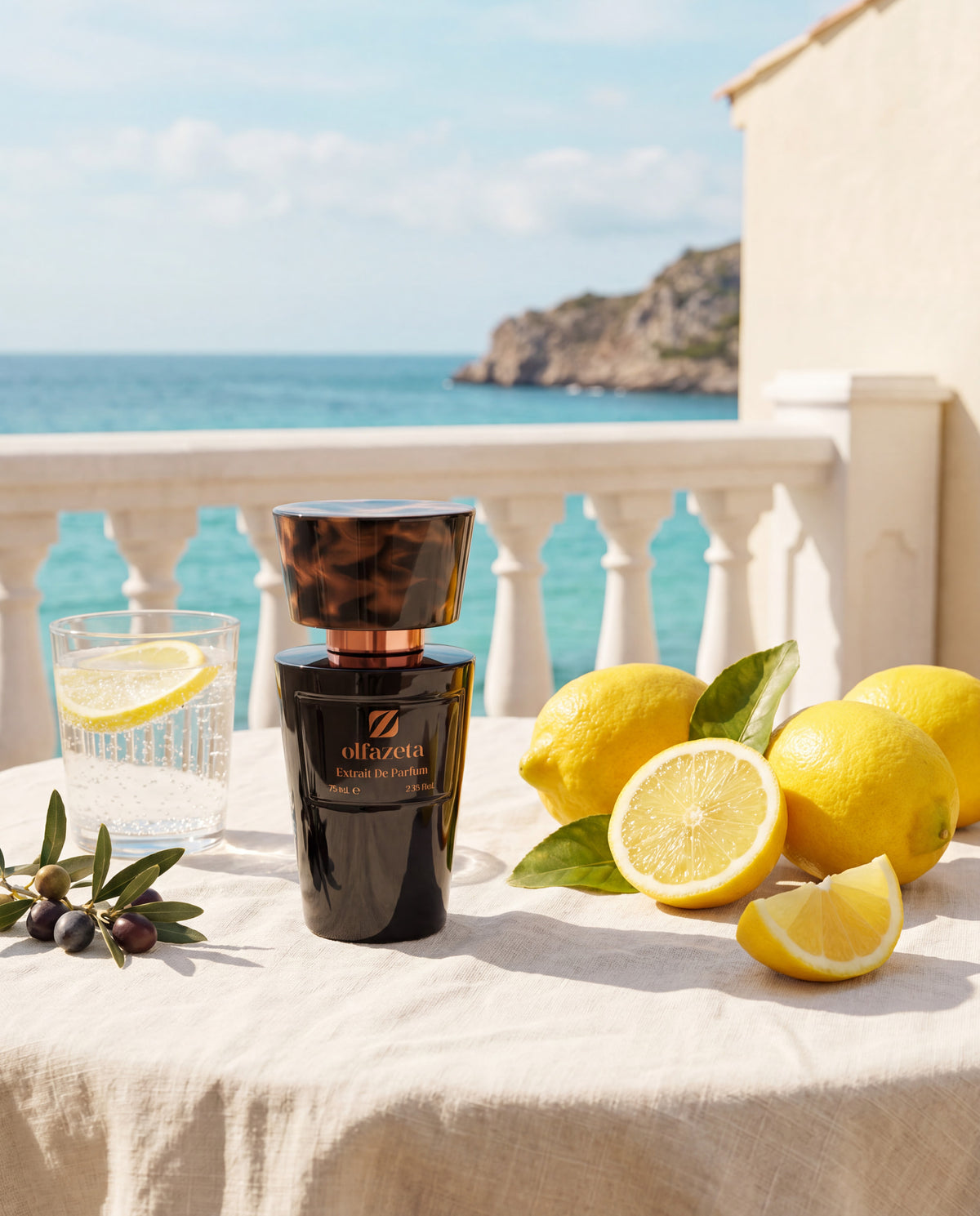 Flacon noir Olfazeta by Chogan Millésime N°33 sur un balcon en bord de mer, citrons frais et olives