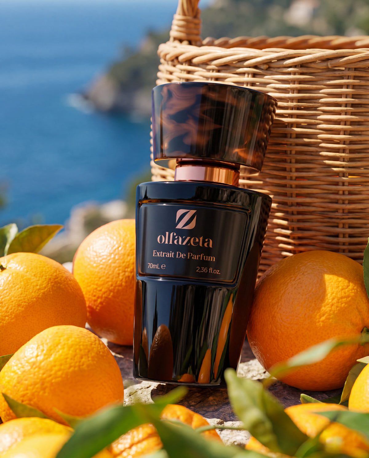Flacon noir Olfazeta by Chogan Millésime N°60 parmi des oranges près d'un panier en osier face à la mer
