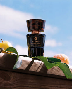 Flacon noir Olfazeta by Chogan Millésime N°150 sur poutre en bois, pomme et mandarine sous ciel bleu
