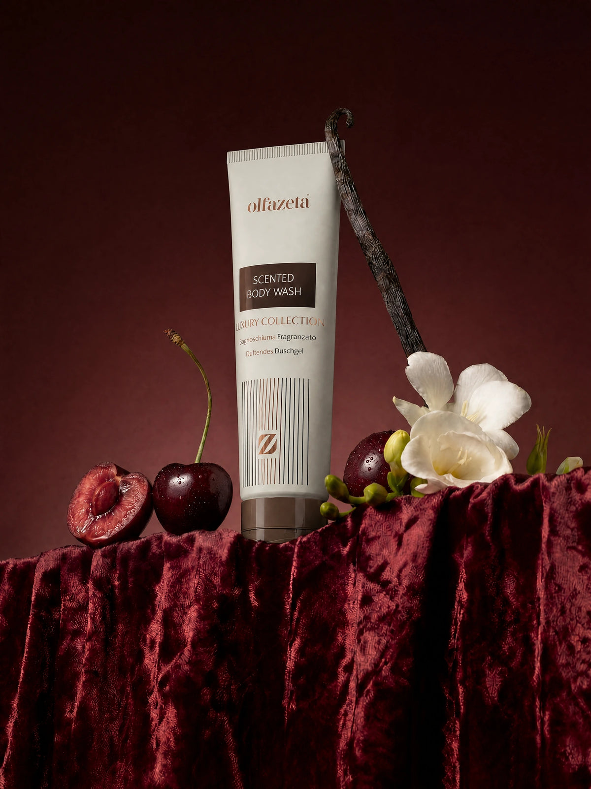 Tube de gel douche parfumé Olfazeta by Chogan N°111 sur velours bordeaux, cerises, freesia blanc et vanille